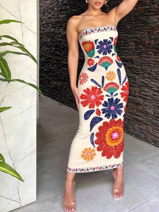 Dresses & Skirts - Strapless Cream Floral Embroidered Midi Dress
